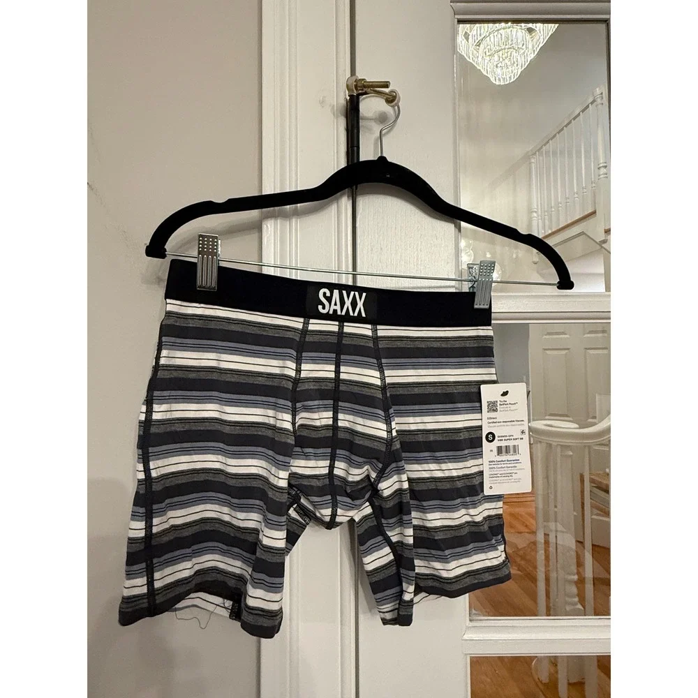 SAXX Vibe Super Soft Boxer Briefs Mens Small Striped Grey Blue NWT